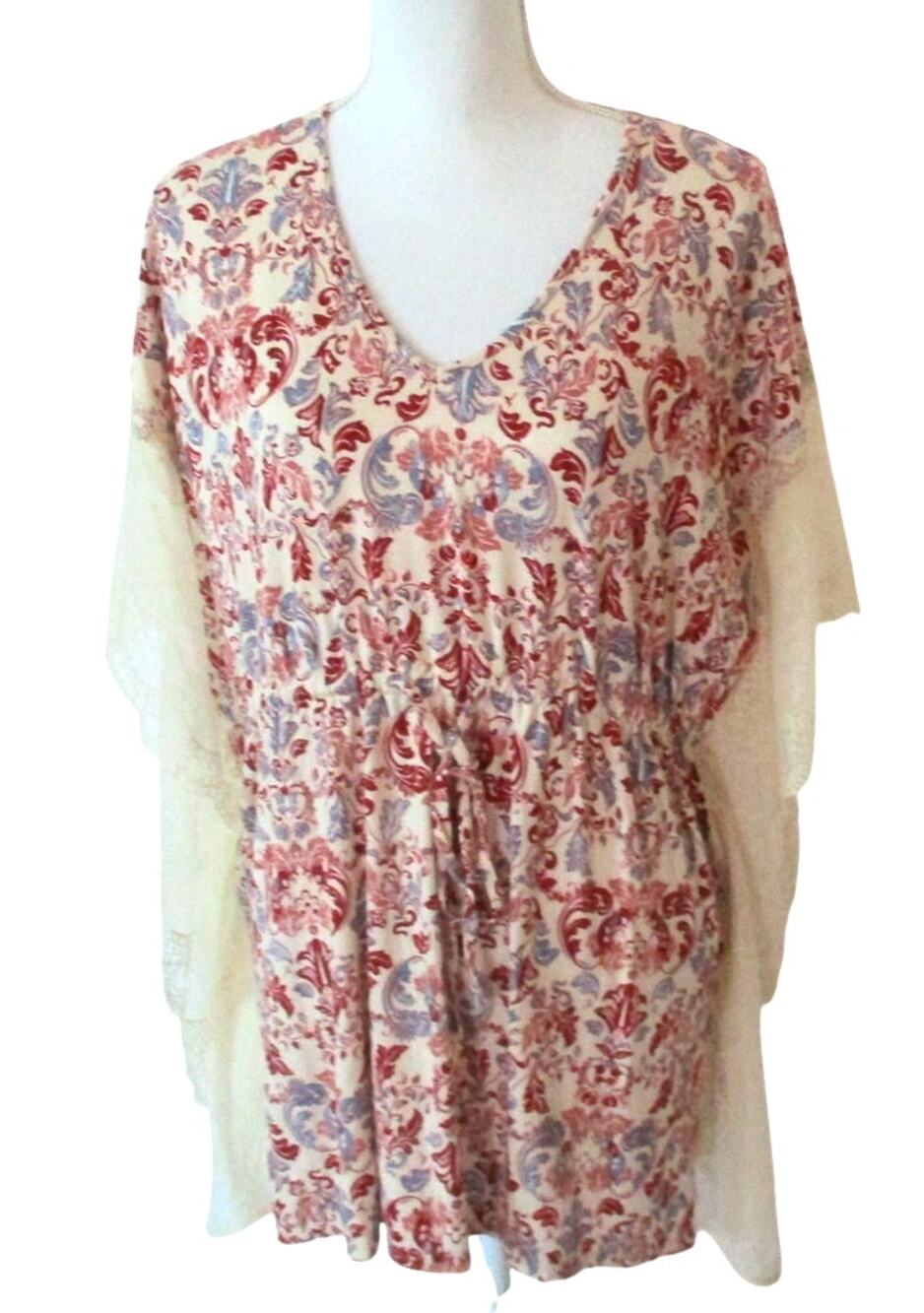 The Muses Lounge Women's Red, Cream & Blue Butterfly Sleeve Lounge Top NWOT Med.